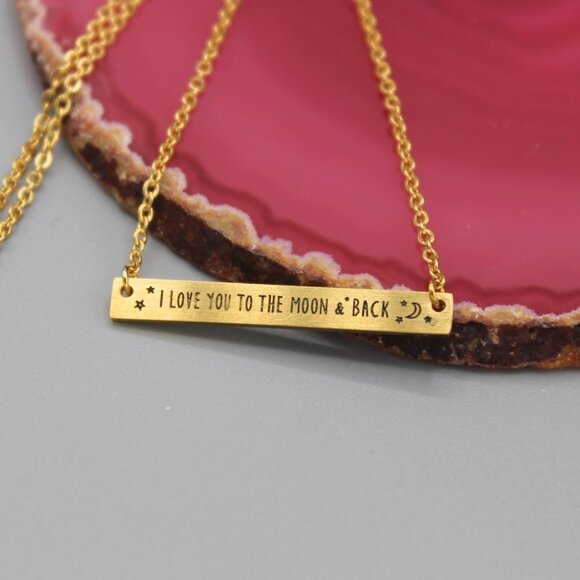 Jewelry necklace bar pendant "I Love You to the moon and back" yellow gold tone - Picture 2 of 7
